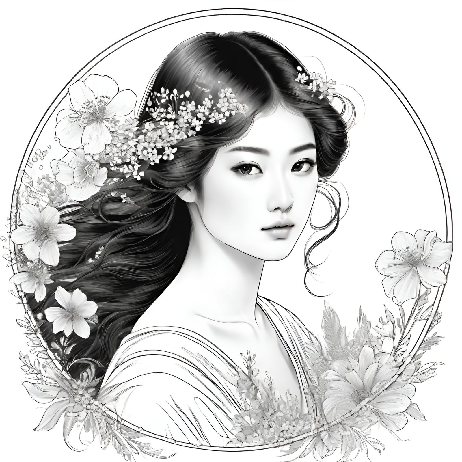 Hyperdetailed Line Art Portrait with Floral Background