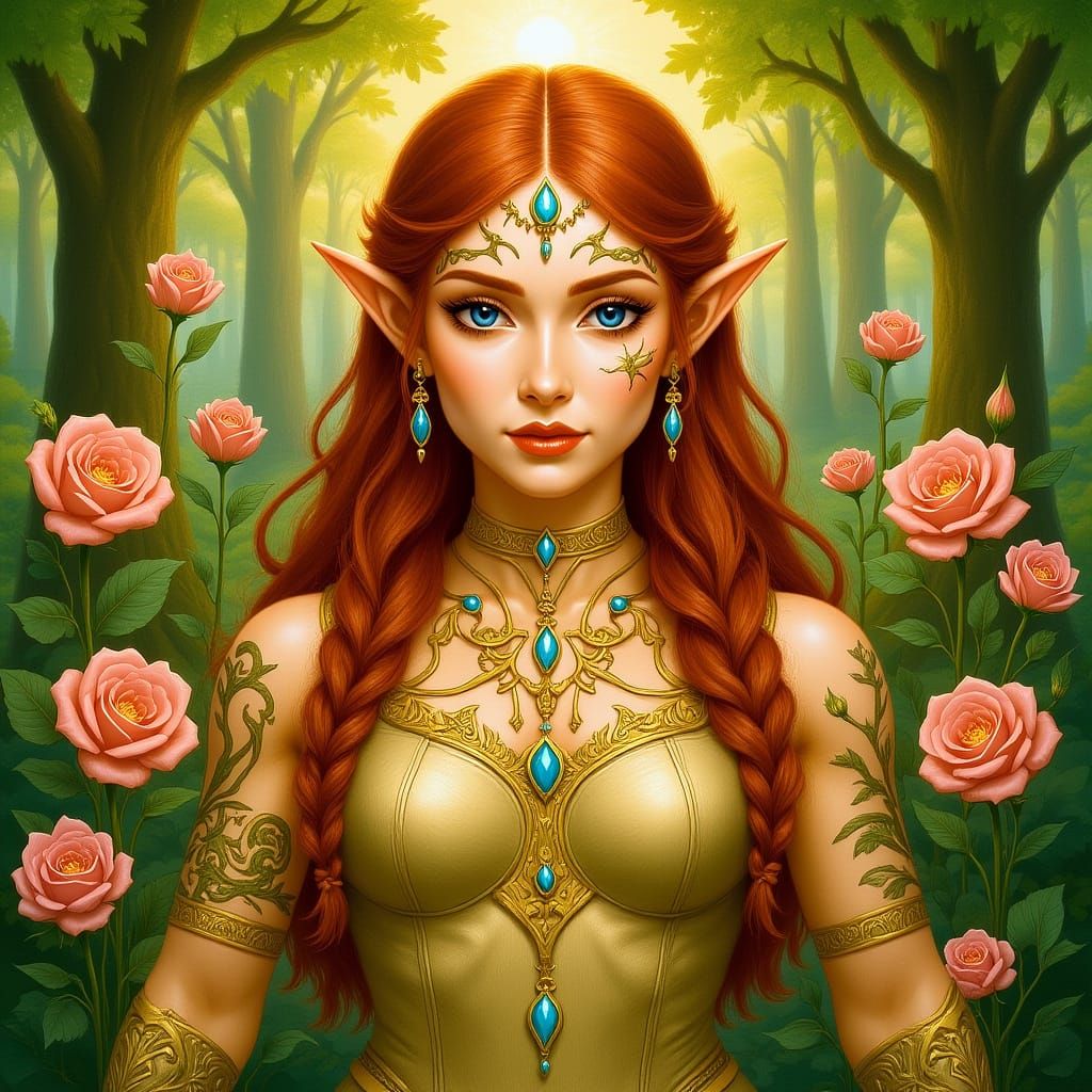 Wood Elf with Druidic Tattoos in Art Nouveau Style