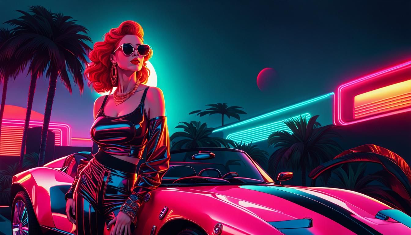 Bold Synthwave Goddess Leans on a Neon Sports Car
