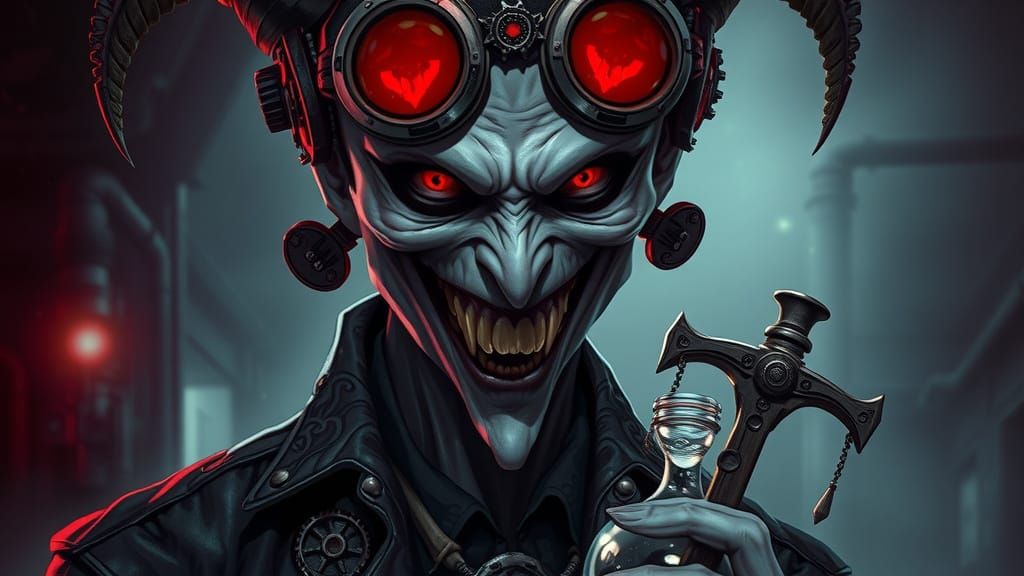 Ethereal Vampire Jester in Dark Industrial Abyss