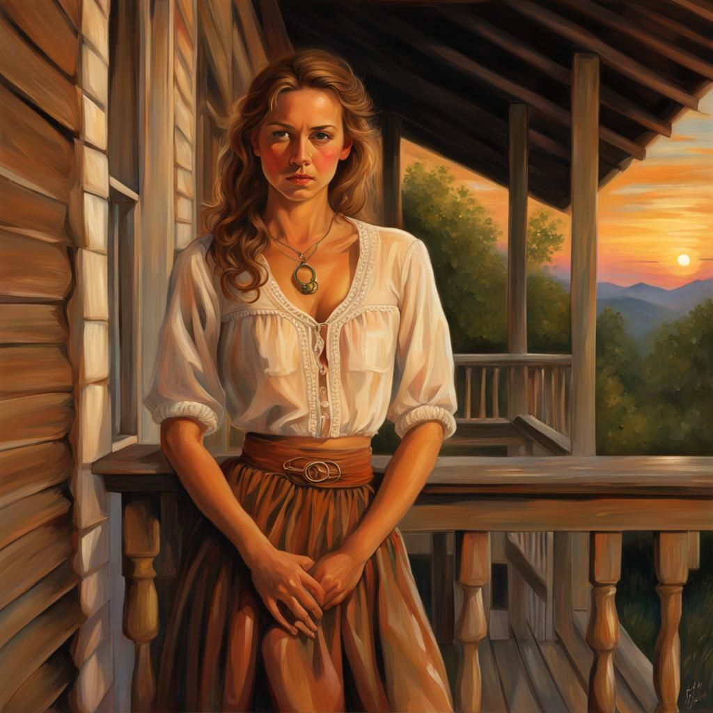 Hyperrealistic Photo: Celebrity Girl on Mountain Porch