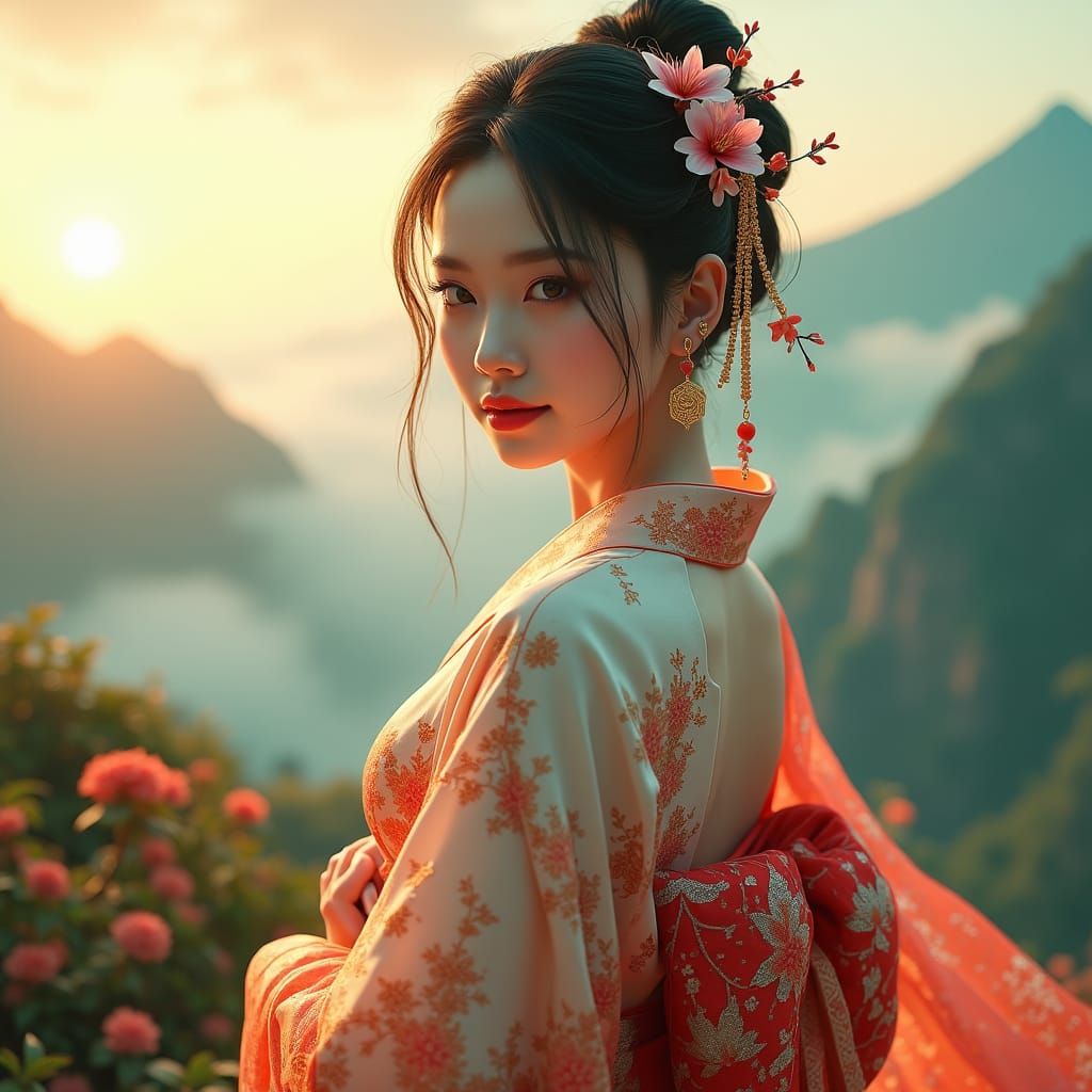 Asian Woman in Kimono, Dreamlike Digital Art