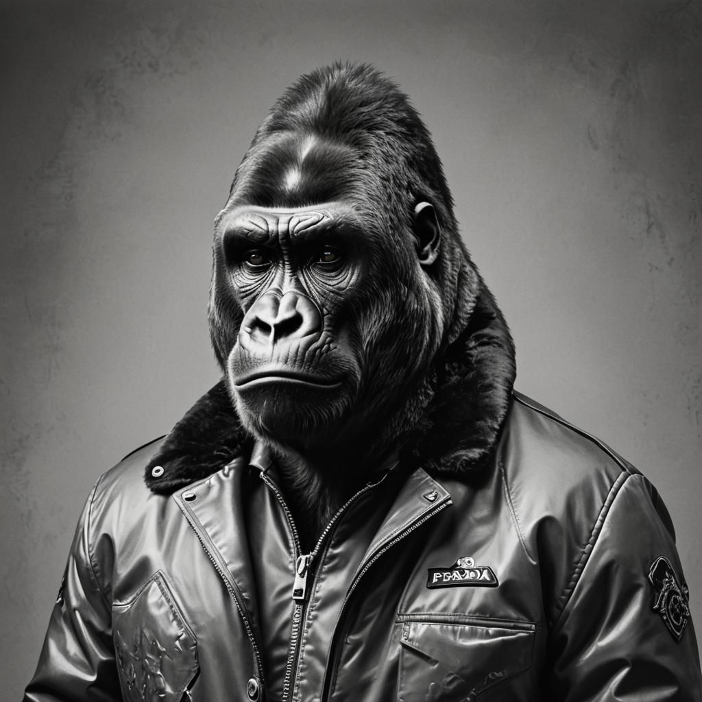 Black and white portrait of a gorilla wearing a prada jacket