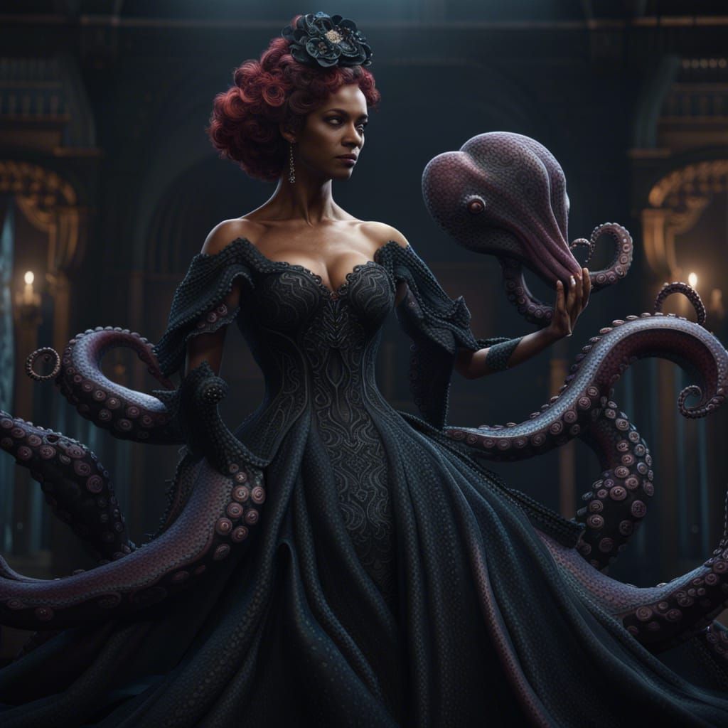 Octopus in Black Wedding Dress: Detailed Matte Painting