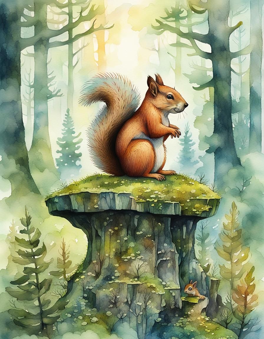 Dreamlike Forest Scene with Watercolor Squirrel Sculpture