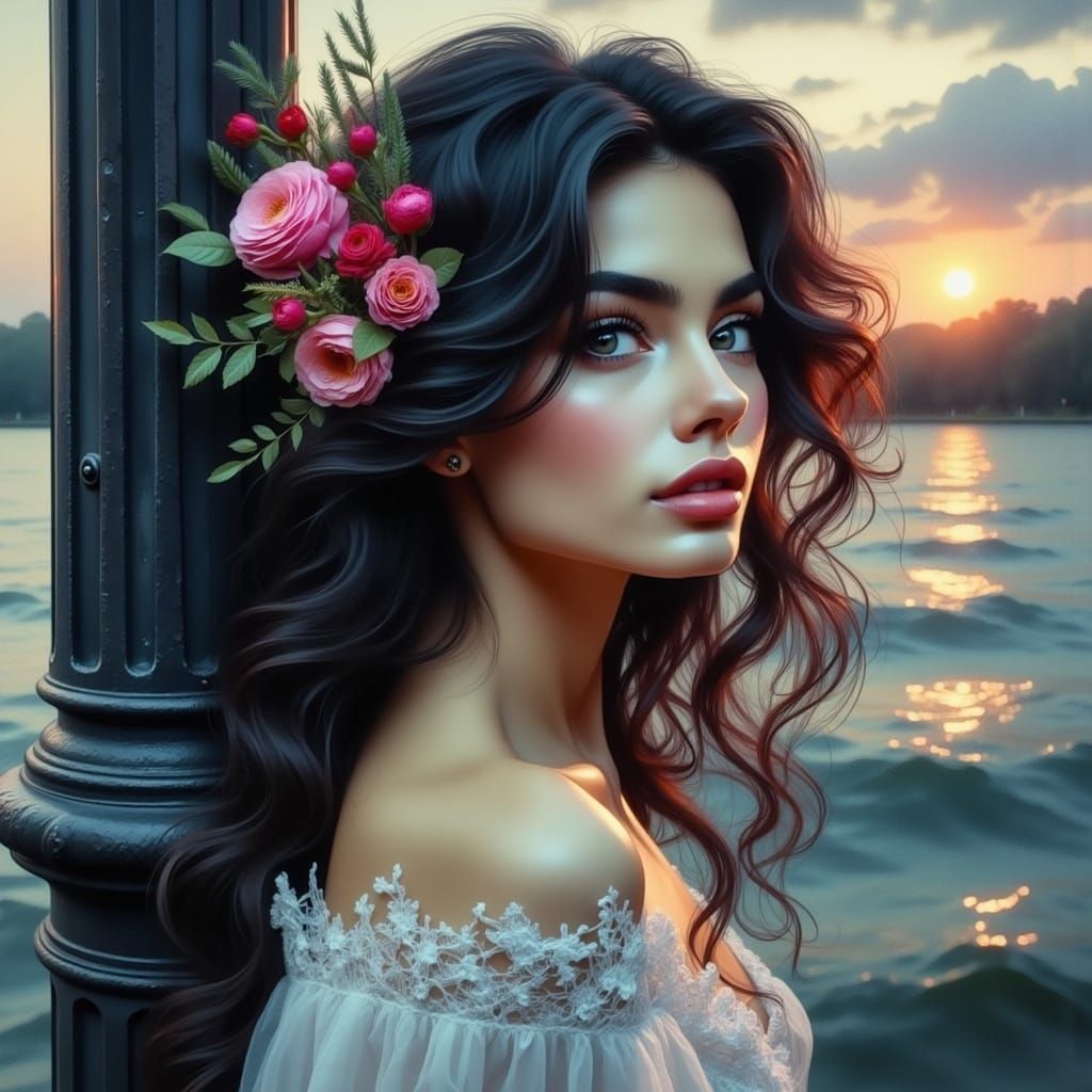 Woman with Flowers at Sunset, Art Nouveau Style