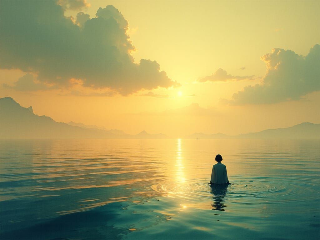 Serene Figure Floating on Calm Sea: Surreal Digital Art