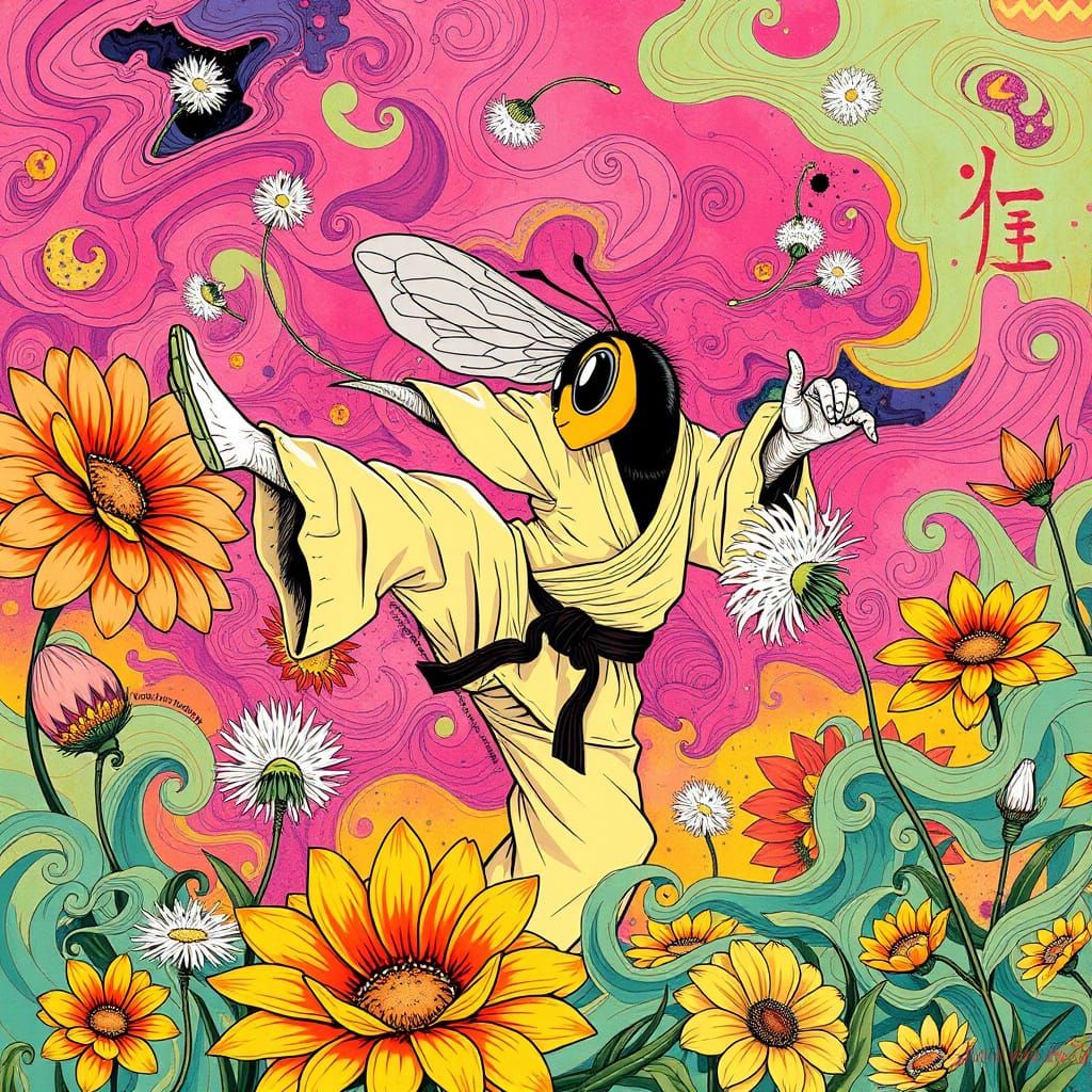 Bee Karate Kicks Dandelion in Surrealist Style