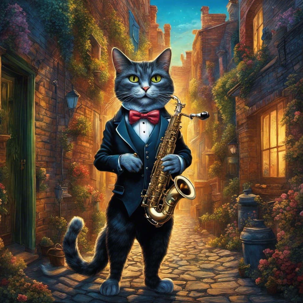 Anthropomorphic Cat Plays Saxophone: Detailed CG Illustratio...