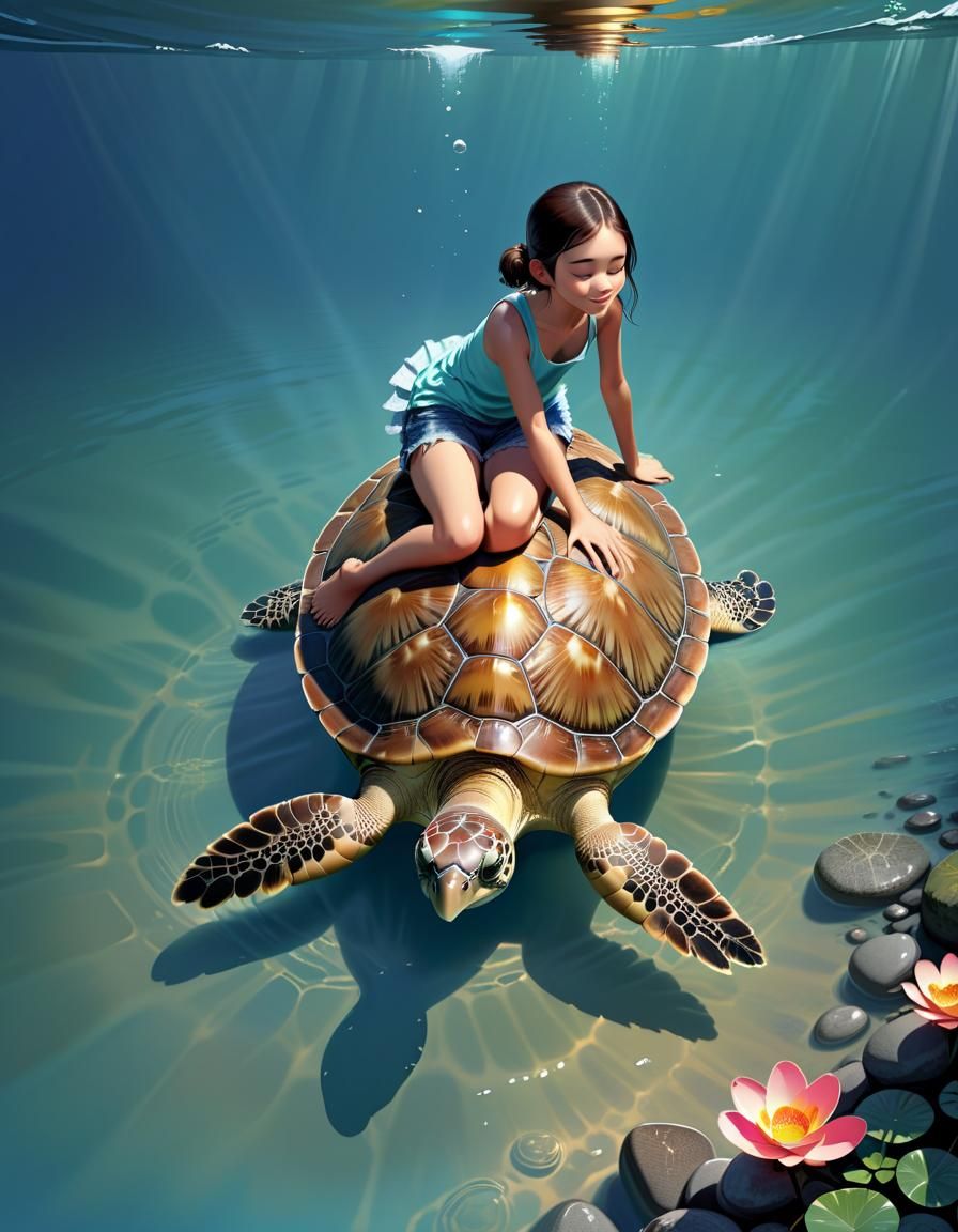 Girl Rides Turtle: Digital Illustration