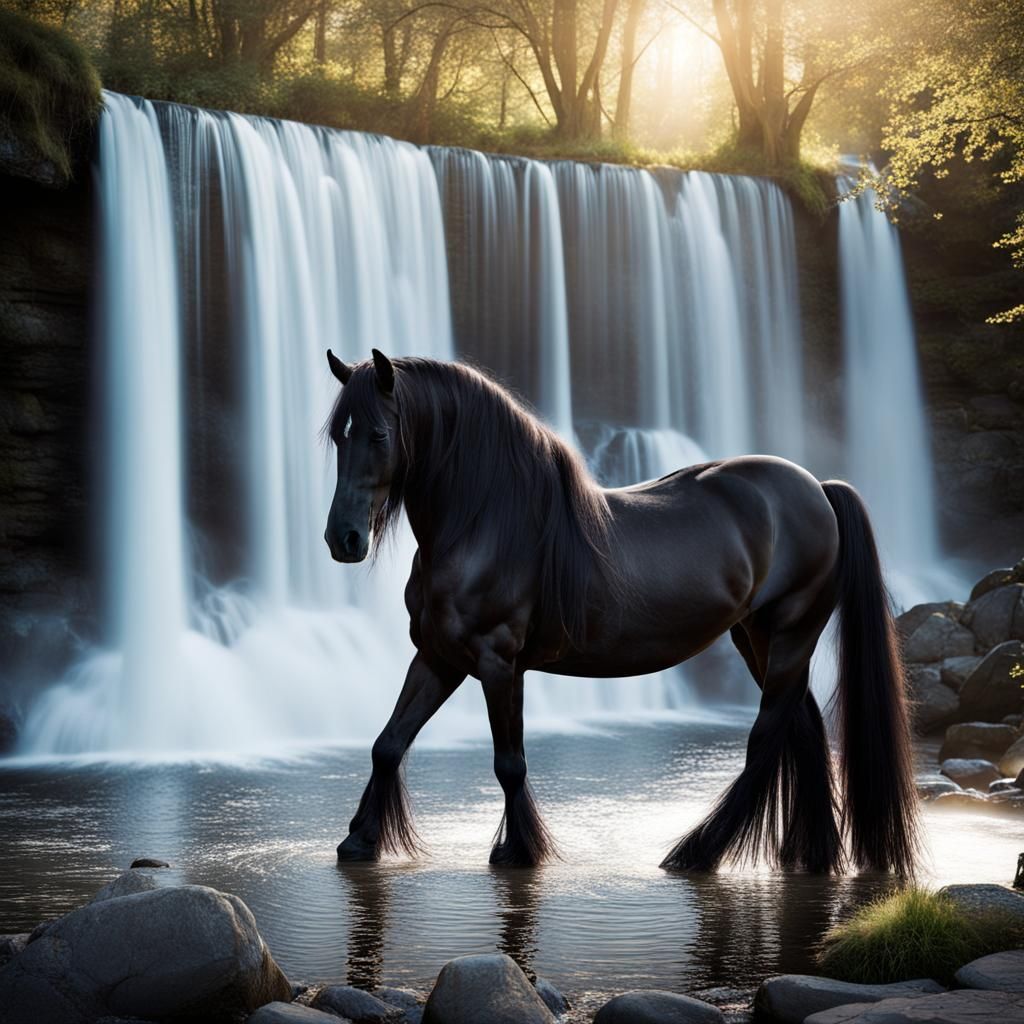 Friesian Horse in Magical Waterfall Setting