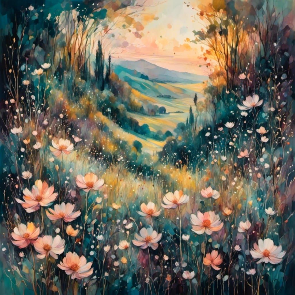 Translucent Flowers in Evening Light, Oil Painting Style