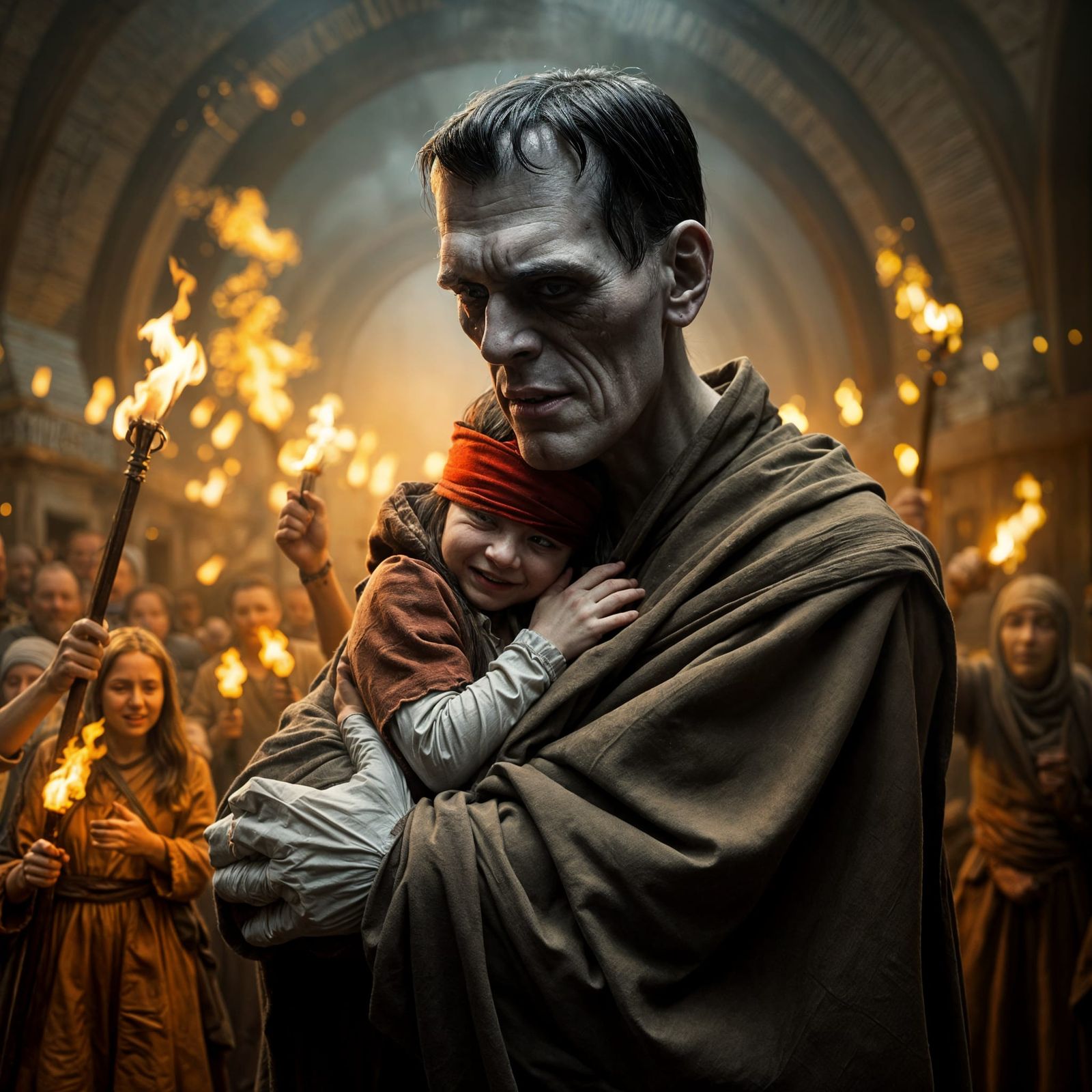 Frankenstein Comforted by Blindfolded Girl in Medieval Villa...