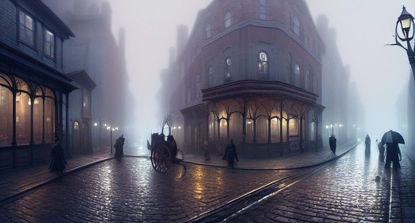 Rainy Victorian Street Scene with Ghosts