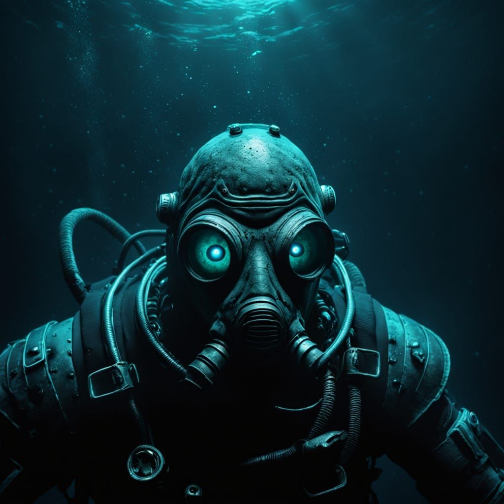 Lovecraftian Horror: Diver Stares into Bioluminescent Abyss