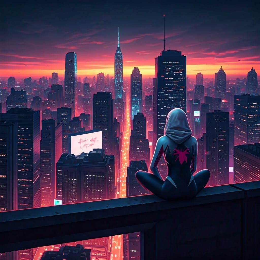 Spider-Gwen Contemplates a Retro-Futuristic Cityscape