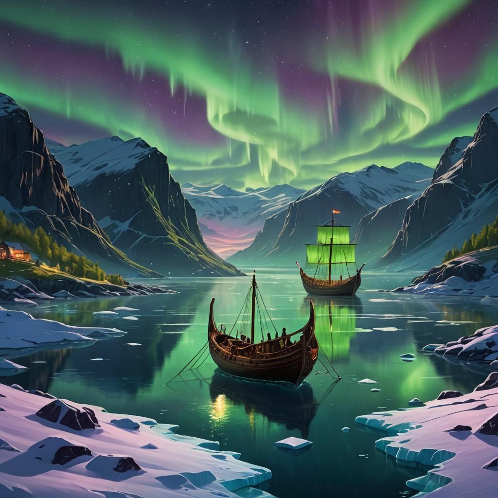 Viking Longship Under Northern Lights: Concept Art