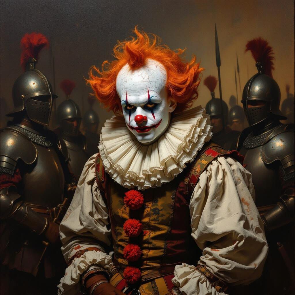 Melancholic Clown with Soldiers in Renaissance Setting