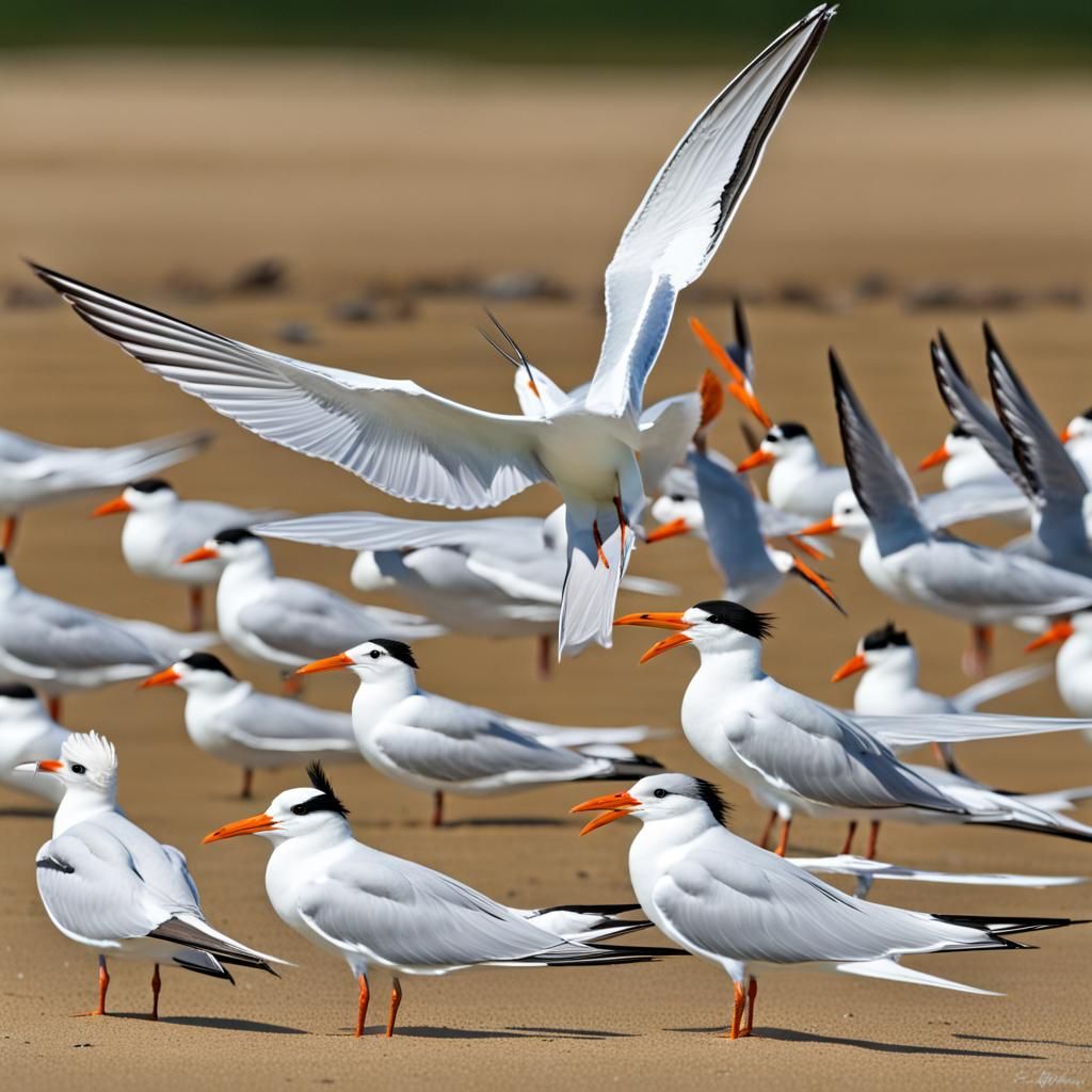 Royal Tern Dominates Common Tern Flock