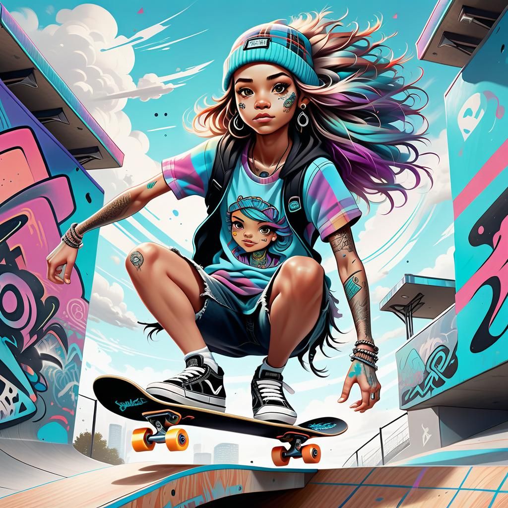 Skater Princess Jumps Ramp in Graffiti Skatepark, Manga Styl...