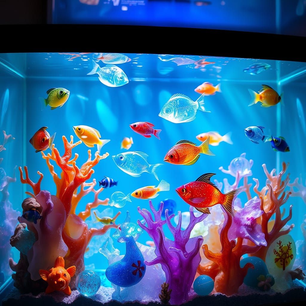 Vibrant Sea Glass Fish Sculptures in Illuminated Tank