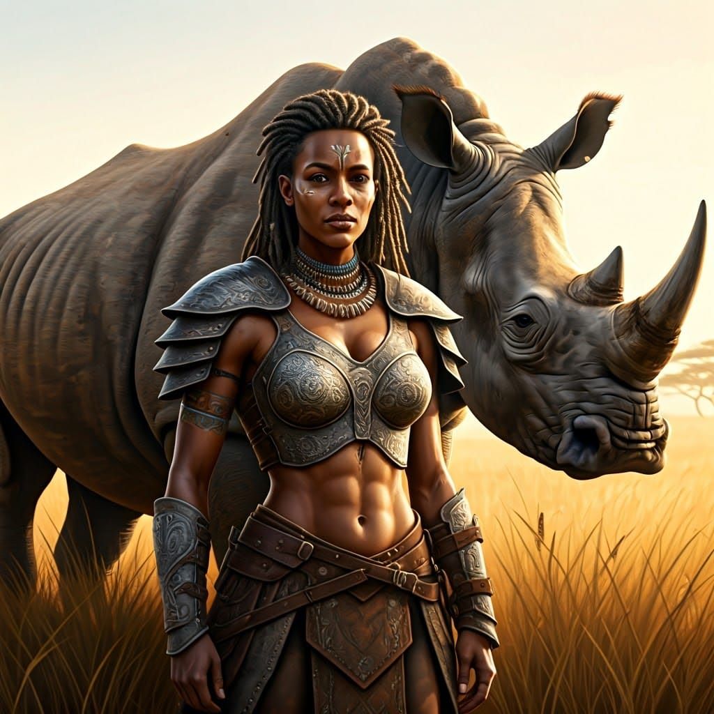 Amazonian Warrior in Grey Leather Armor, Savannah Sunset