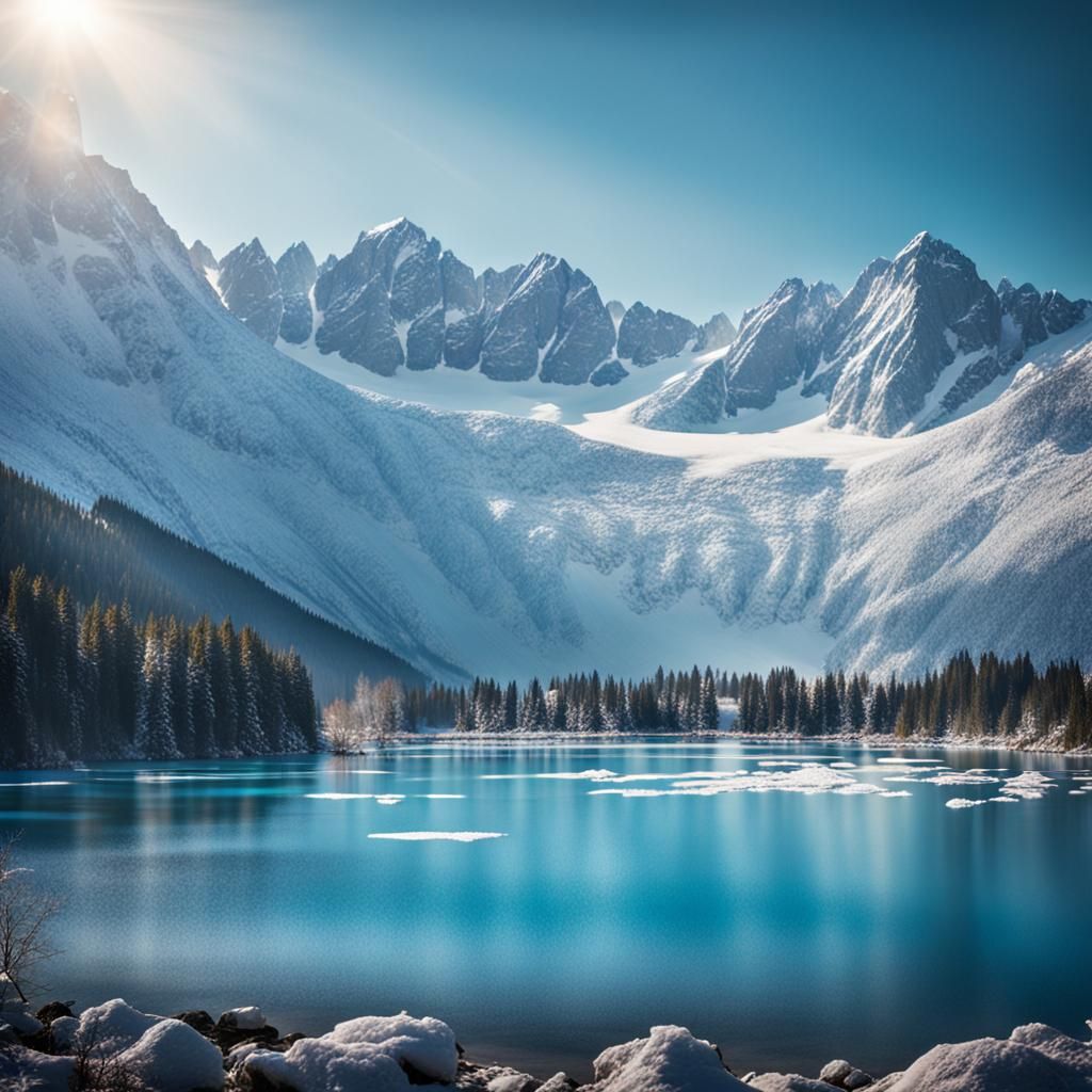 Frozen Mountains Reflected in Blue Lake