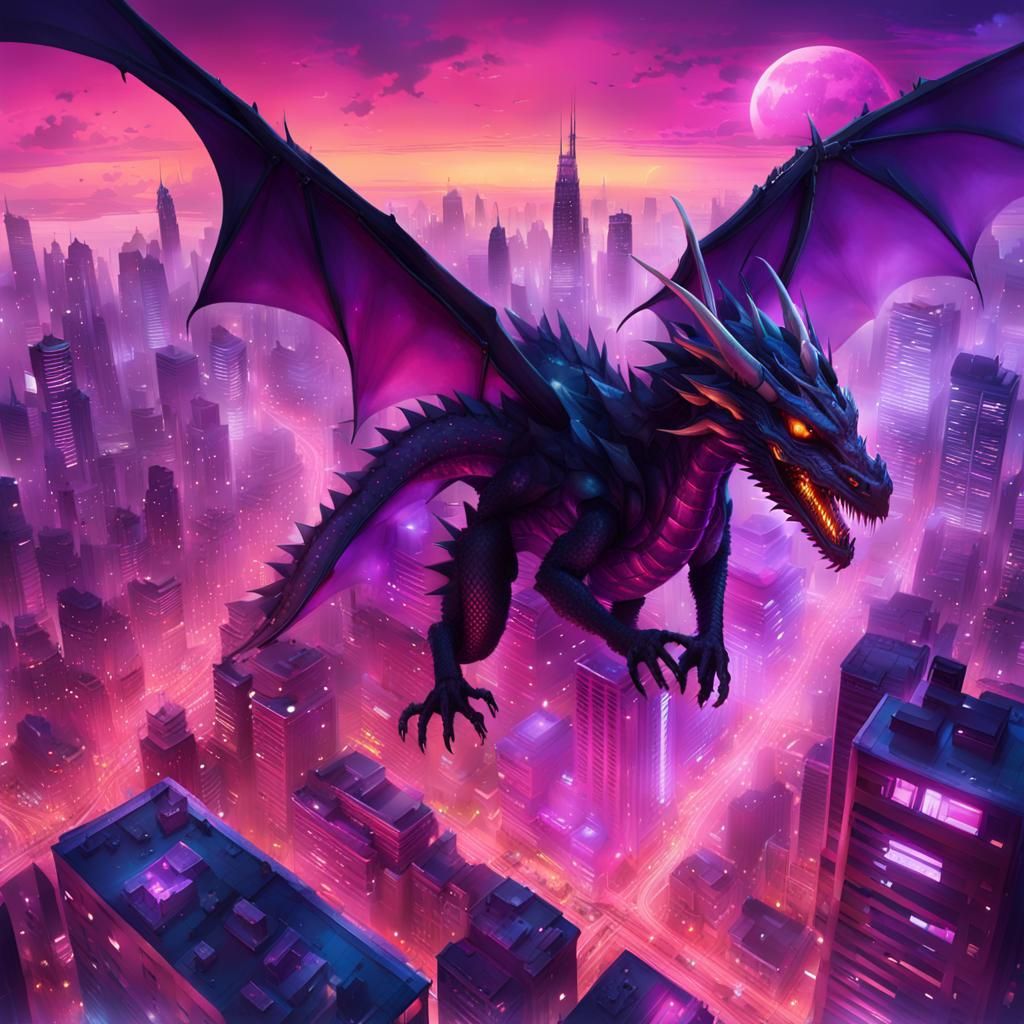 Black Dragon Soaring Over Cyberpunk Cityscape