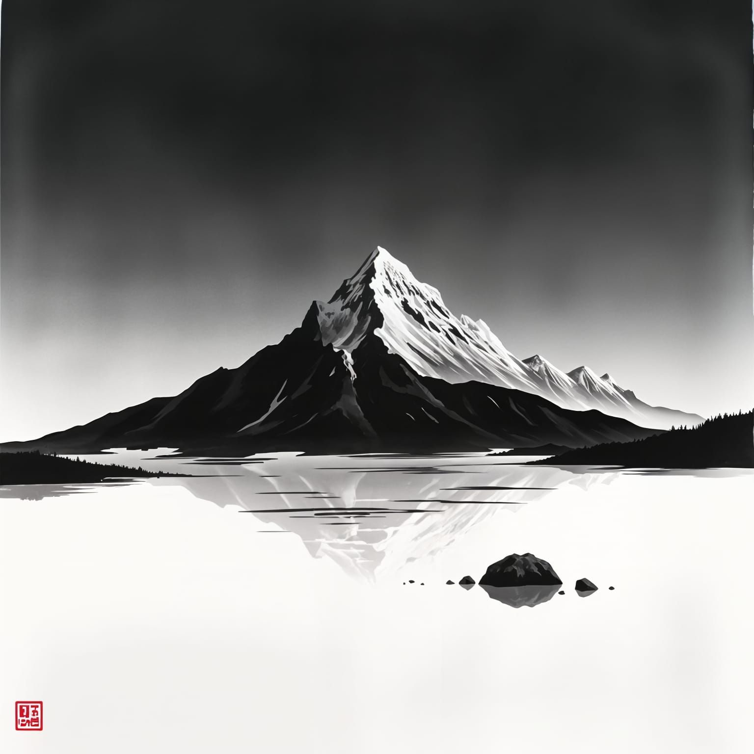 A Serene Watercolor-Inspired Ink Mountain Scene