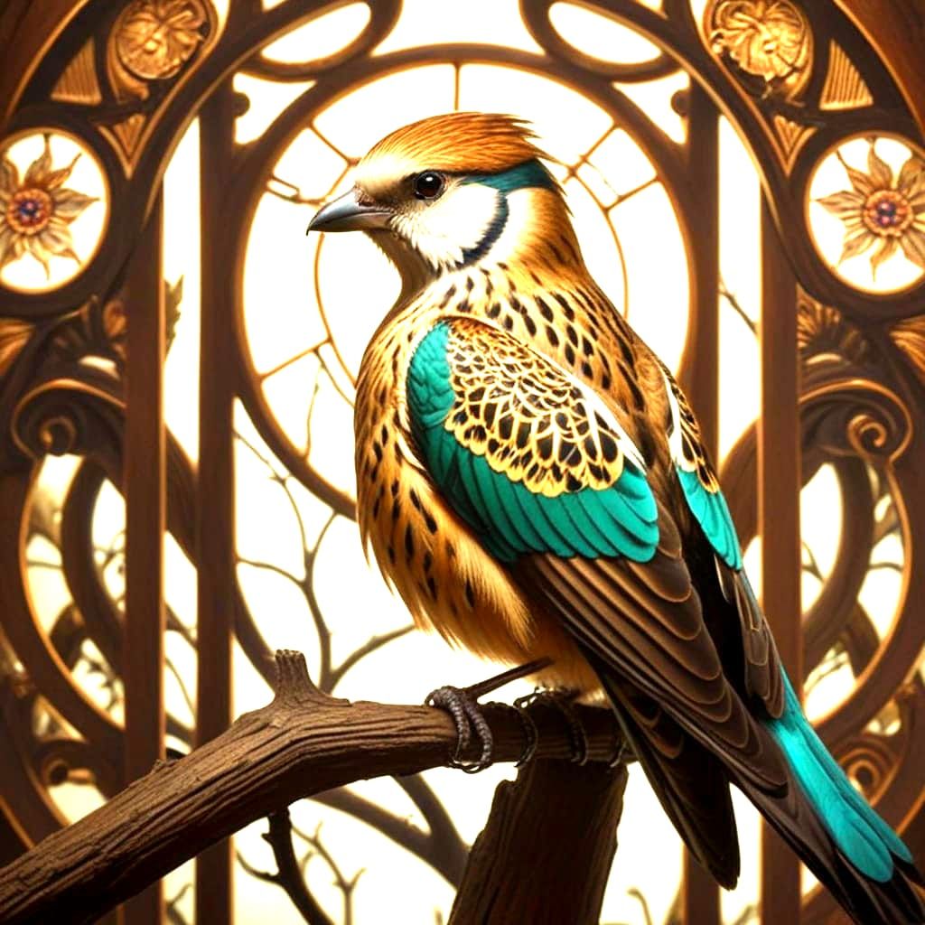 Hyperrealistic Art Nouveau Bird in Natural Habitat