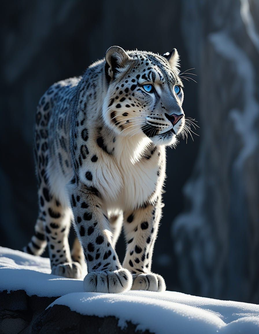 Majestic Snow Leopard Prowls Frozen Expanse