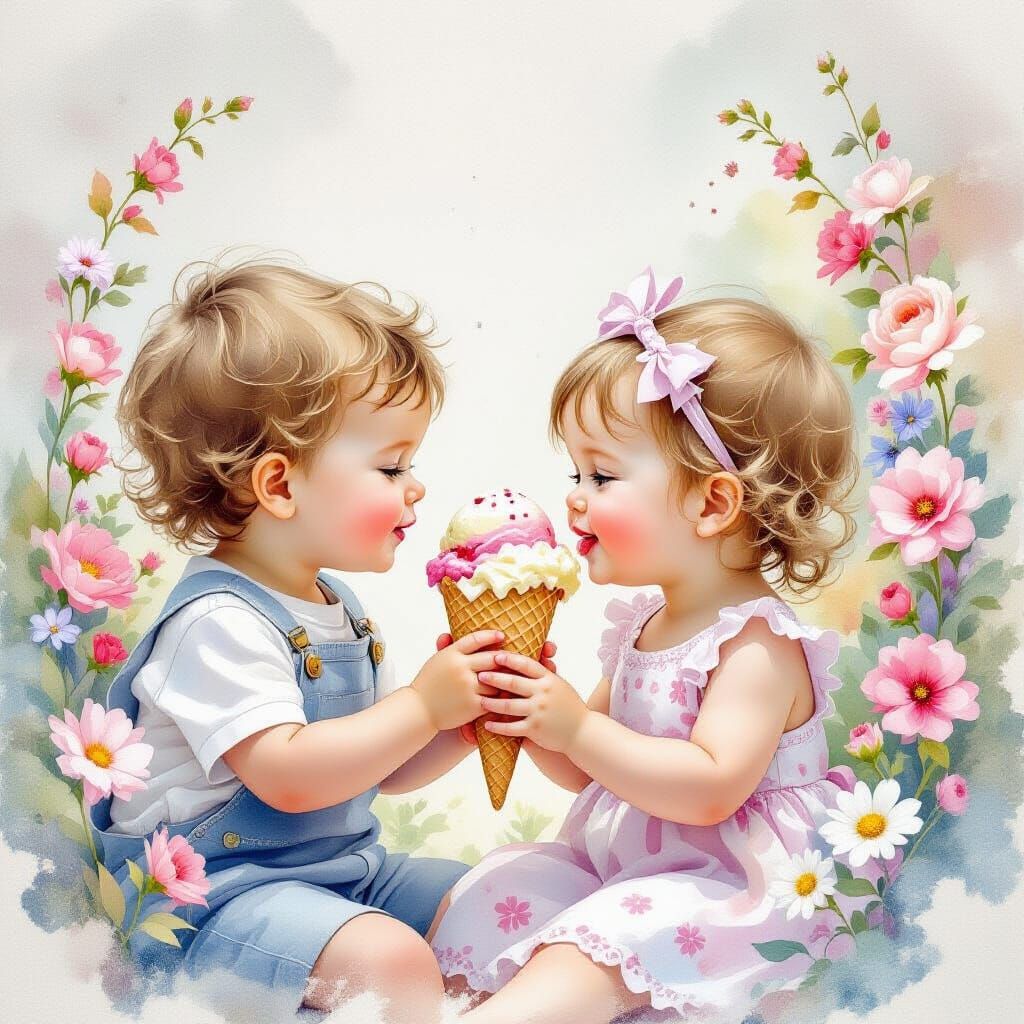 Ethereal Watercolour of Siblings Sharing Ice Cream