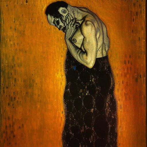 Drunk Man in Darkness: Klimt-Inspired Oil Painting
