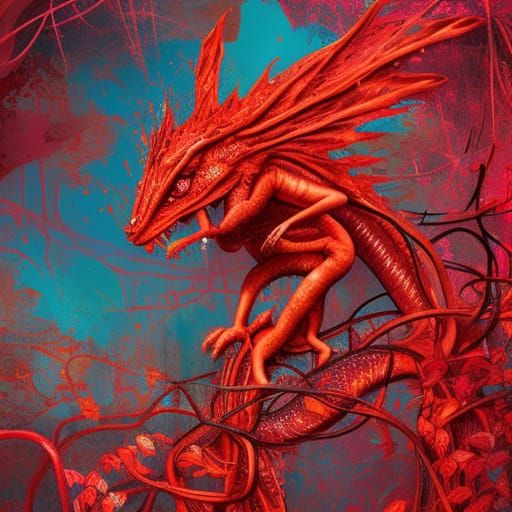 Chibi Red Dragon in Vines, Digital Art