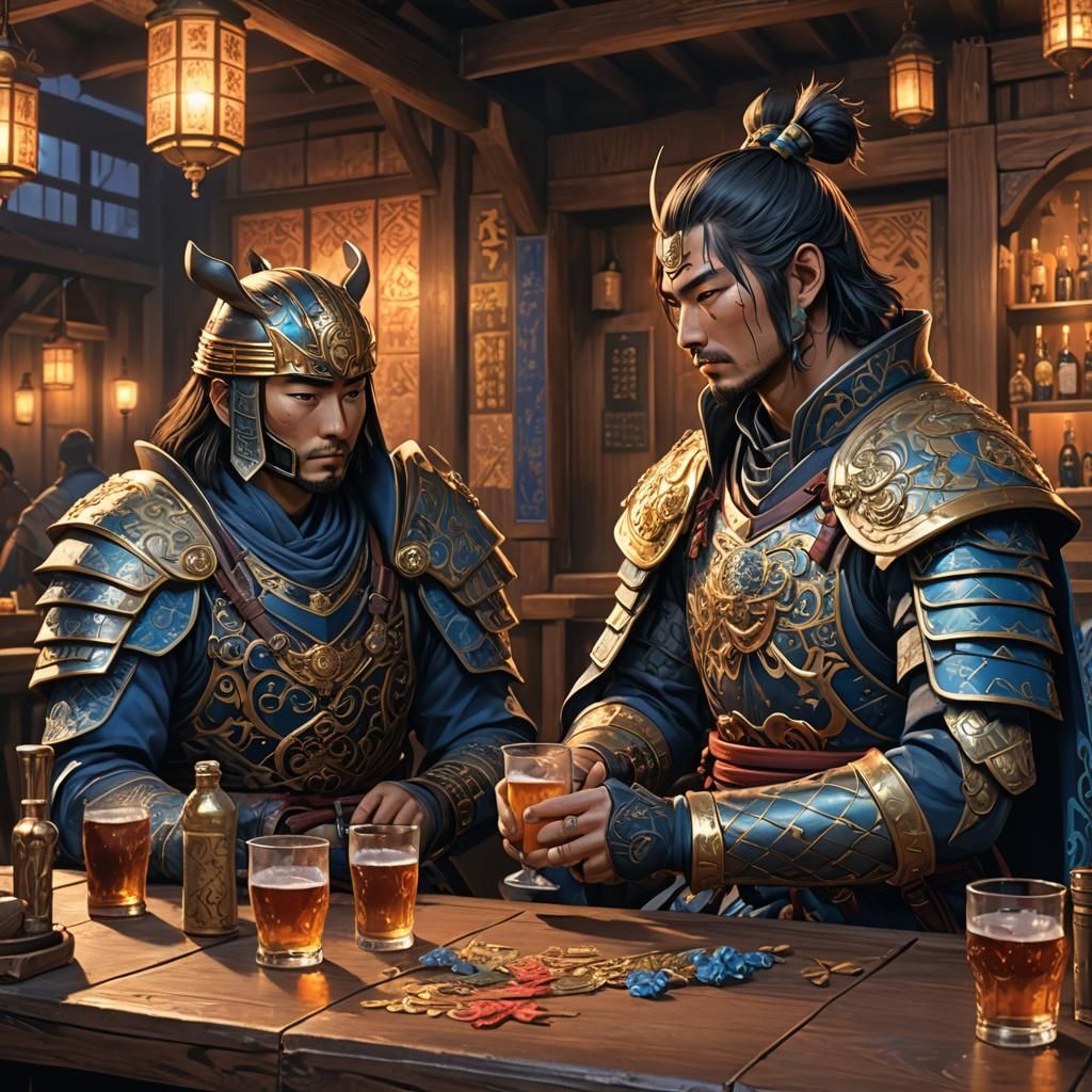 Samurai and Templar Share a Toast in a Vibrant Tavern