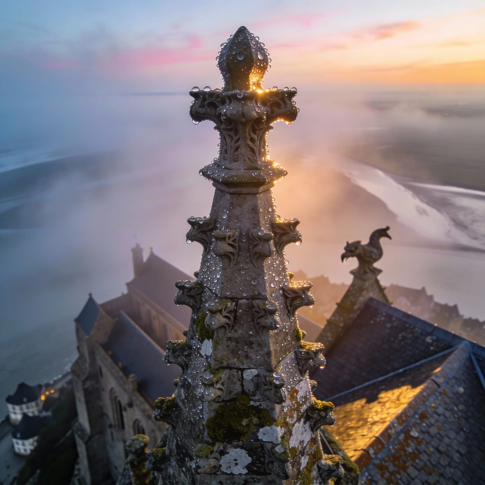 Mont Saint Michel at Dawn: Foggy Aerial View