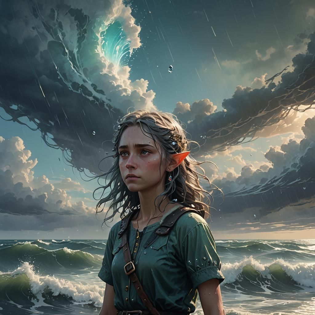 Elf Girl with Water Hair Amidst Sky Waves