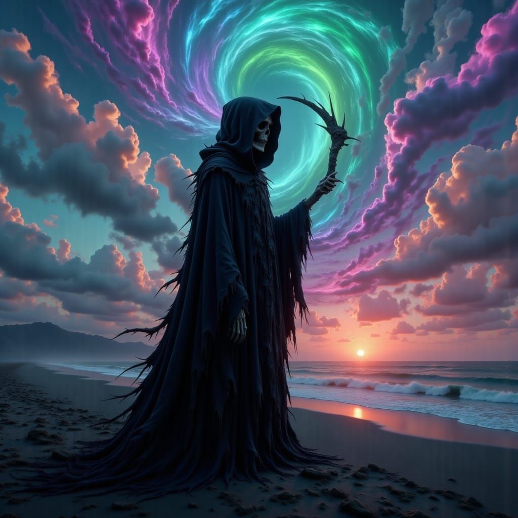 Grim Reaper in a Haunting, Cyberpunk-Inspired Twilight Lands...