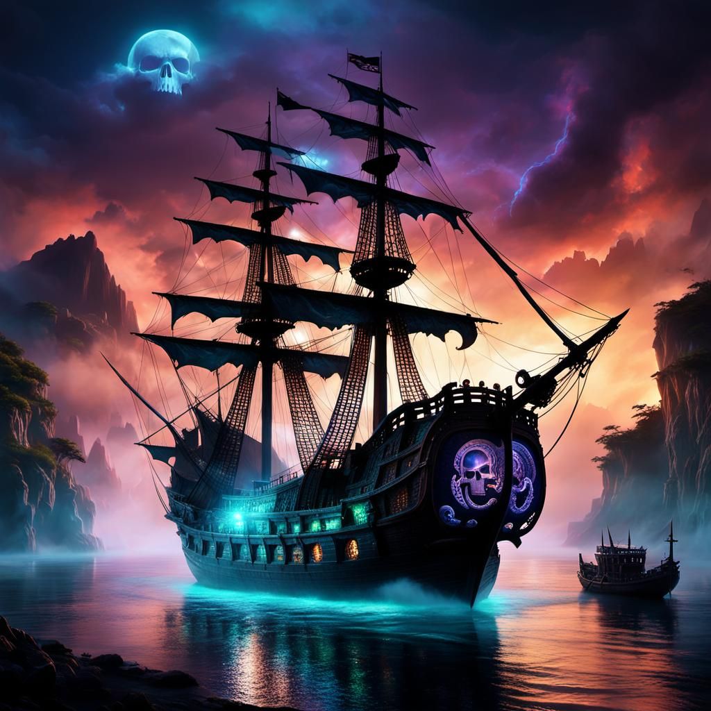 Grand Pirate Ship Anchored in Magical Bay