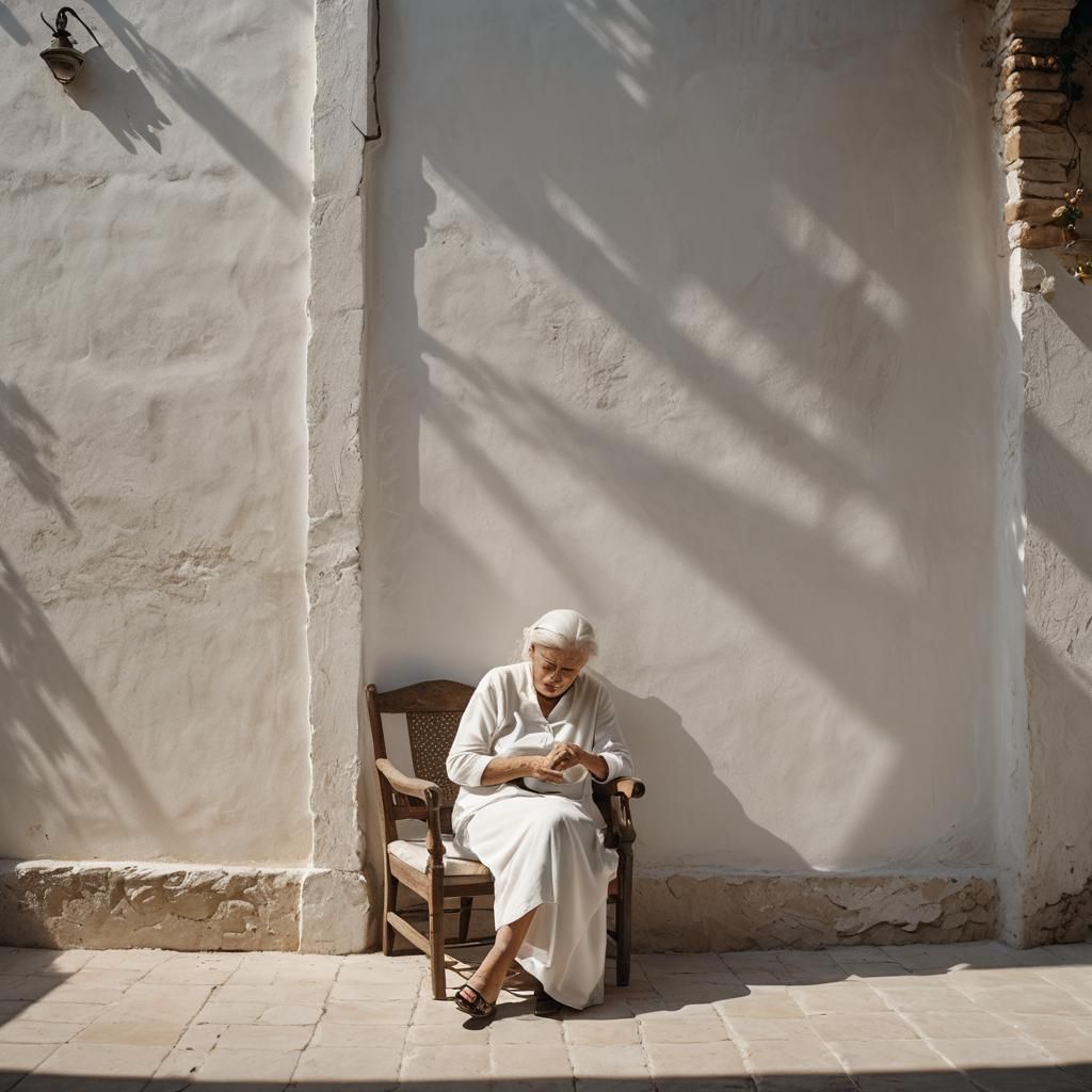 Minimalist Film Still of Woman in White Dress