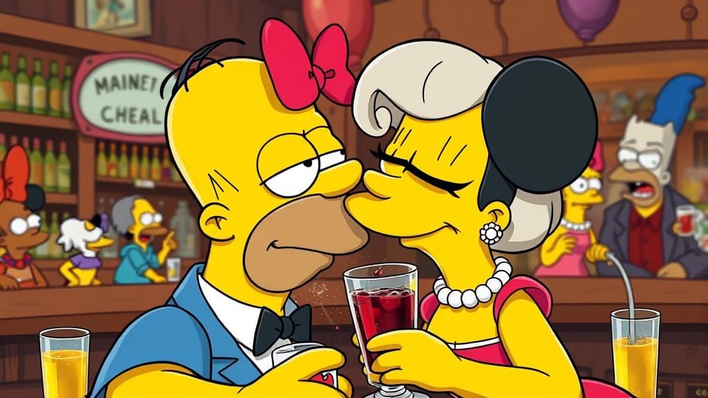 Surreal Cartoon Landscape with Drunk Homer and Minnie
