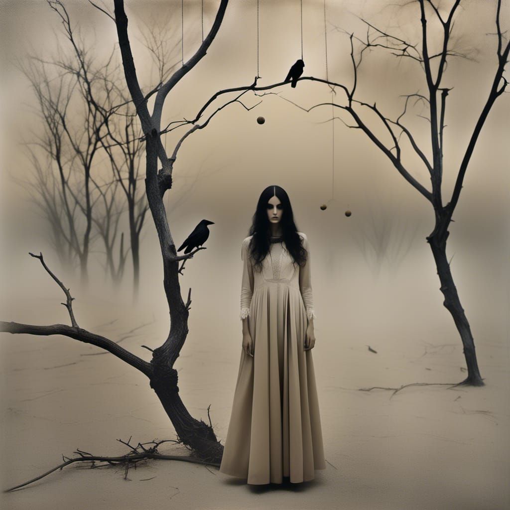 Raven in Dress on Dystopian Landscape