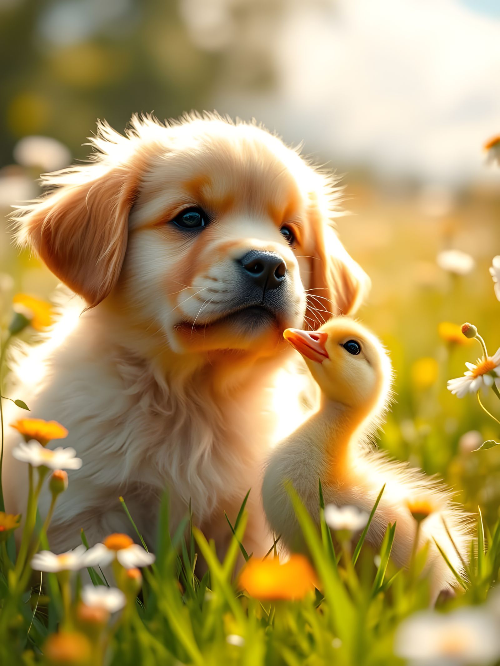 Fluffy Puppy and Duckling in Sunny Meadow