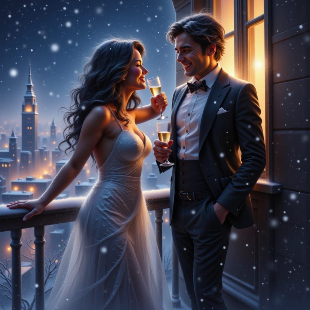 Elegant Couple Celebrates on Snowy Balcony