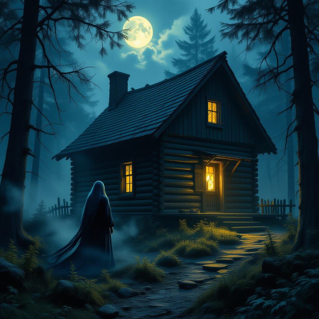 Ethereal Ghost Haunts Log Cabin in Ancient Forest