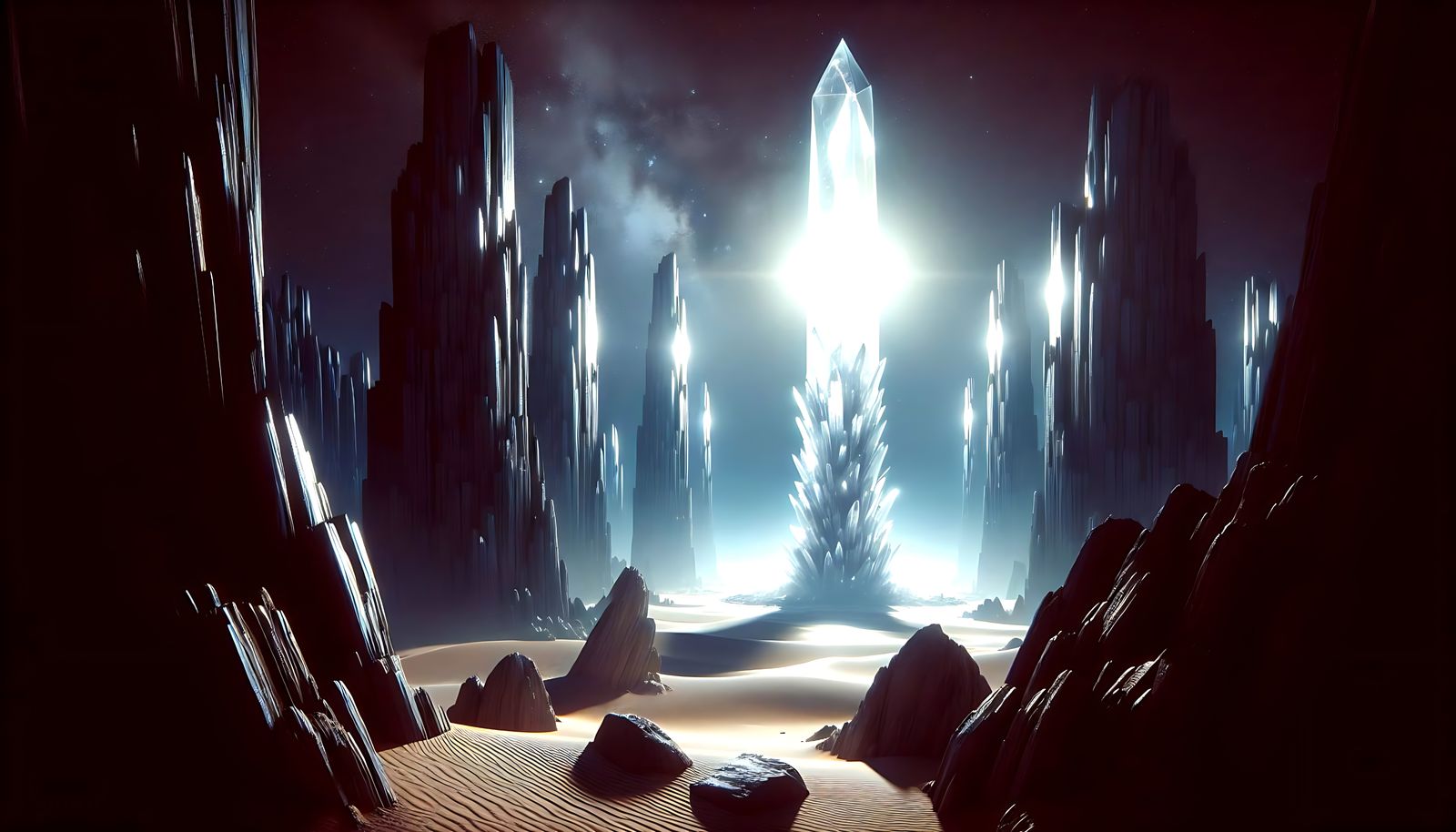 Crystal Tower in Desert Night, Photorealistic Image