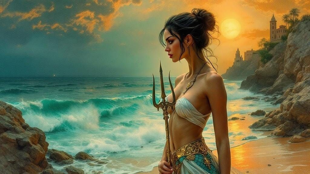 Scaled Woman with Trident on Surreal Beach