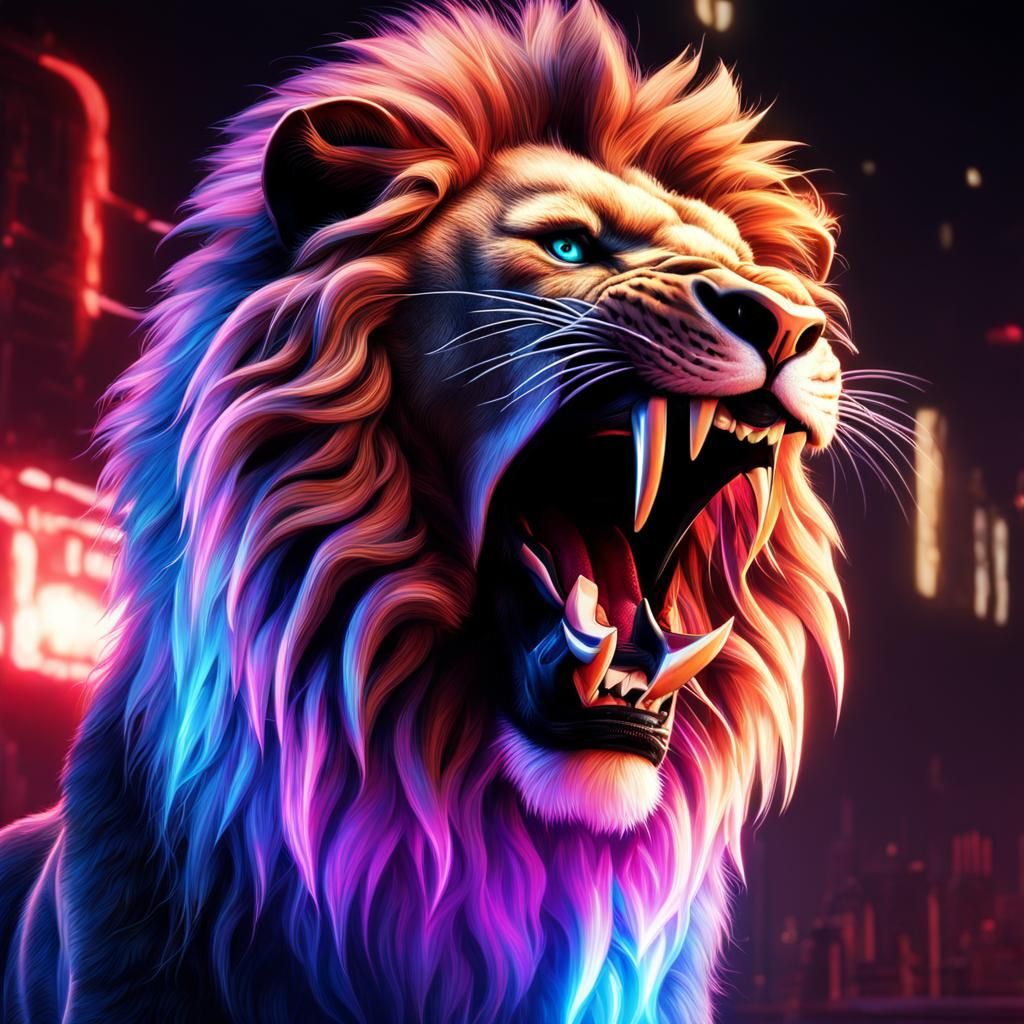 Aggressive Lion in Neon Club: Hyperrealistic 8k Render