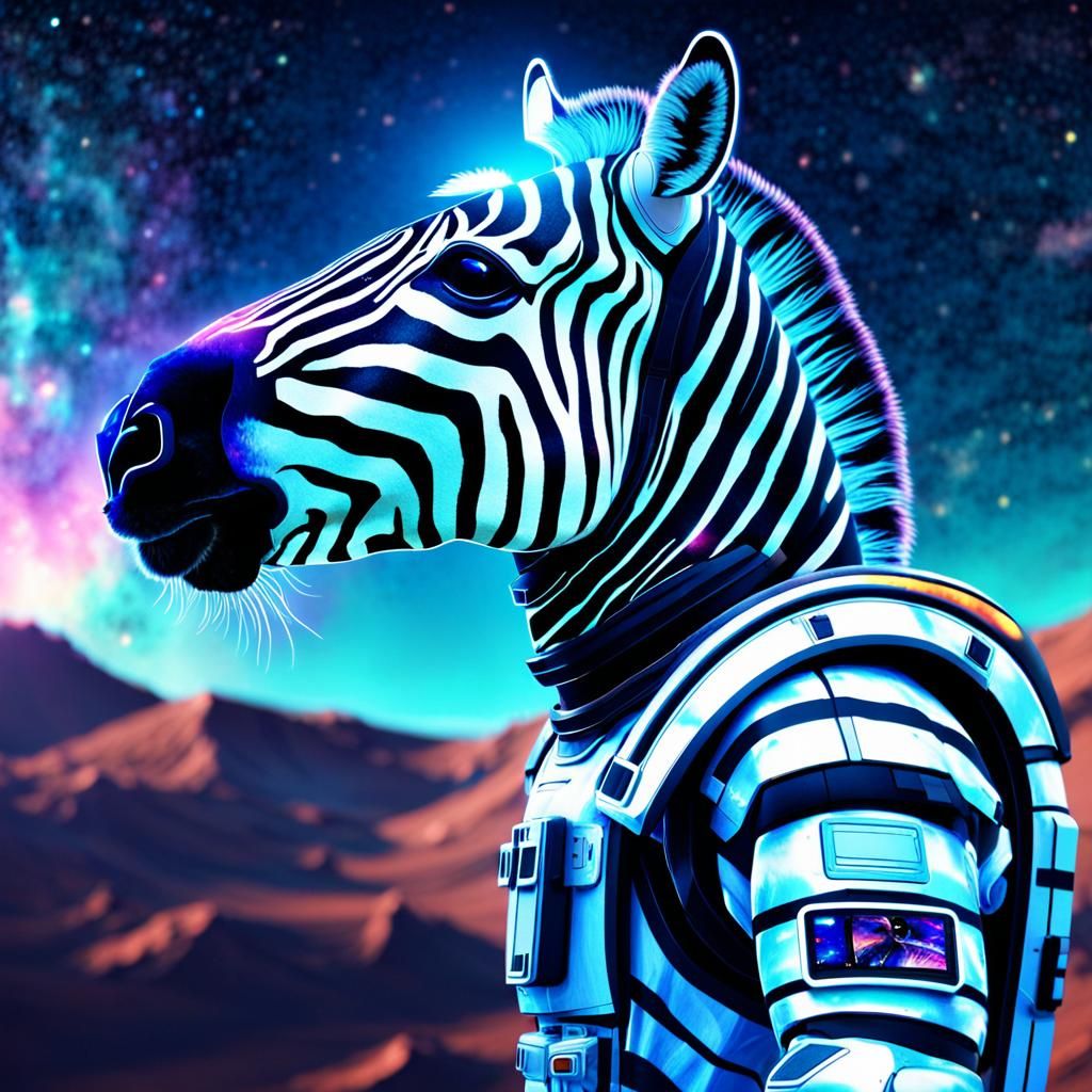 Zebra Astronaut Watching Hologram in Neon Sci-Fi Art