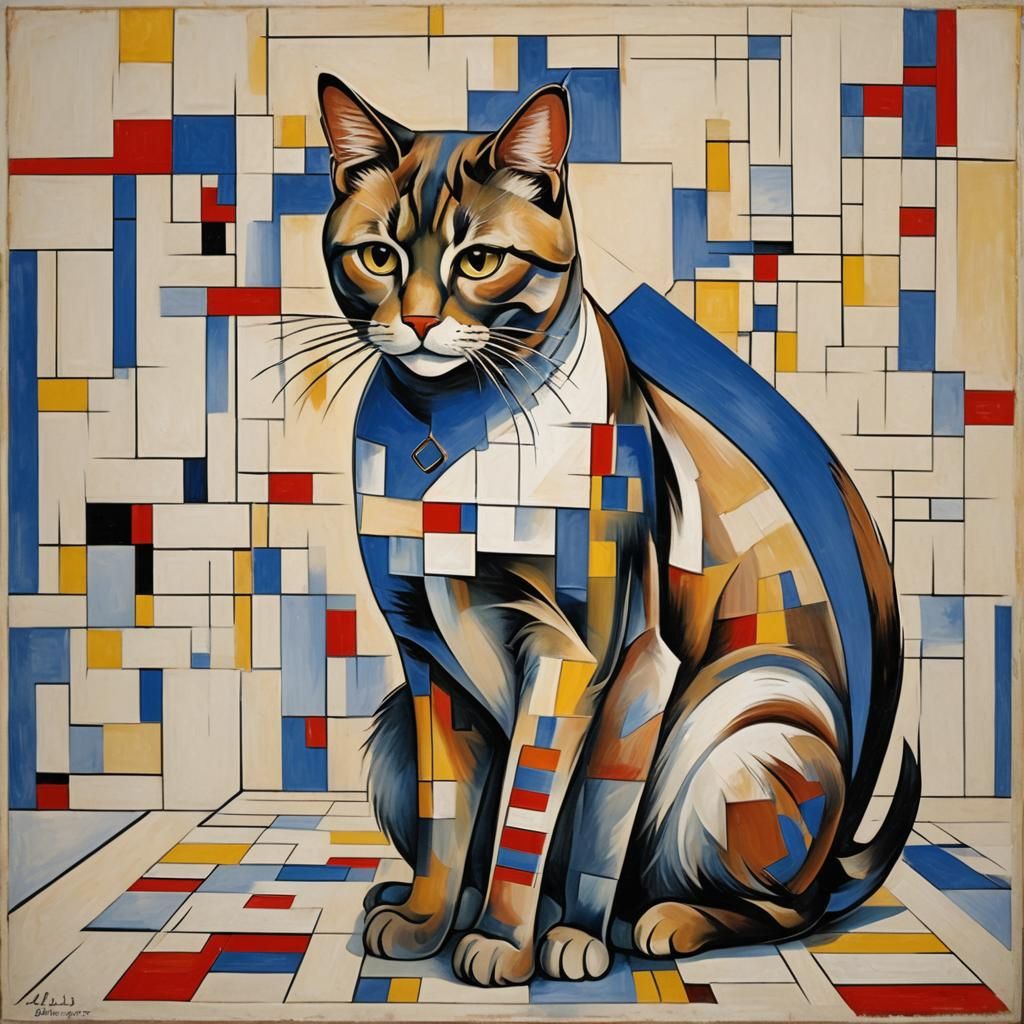 Abstract Cat in Geometric Cubist Style